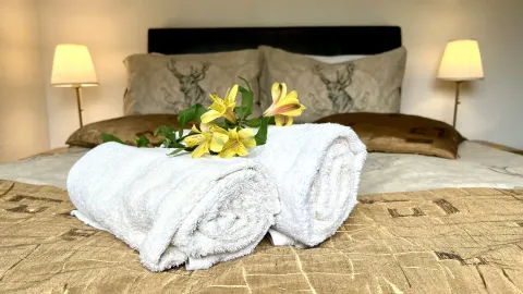 Room 1, fresh towels and flowers on the bed