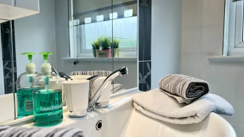 Room 5, soap and towels by the basin