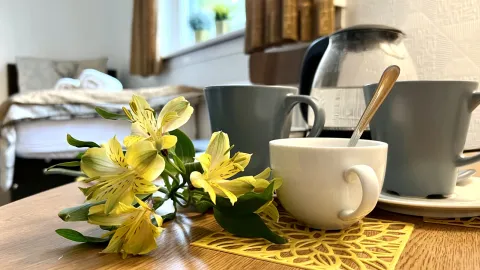 Room 3, coffee cups and flowers